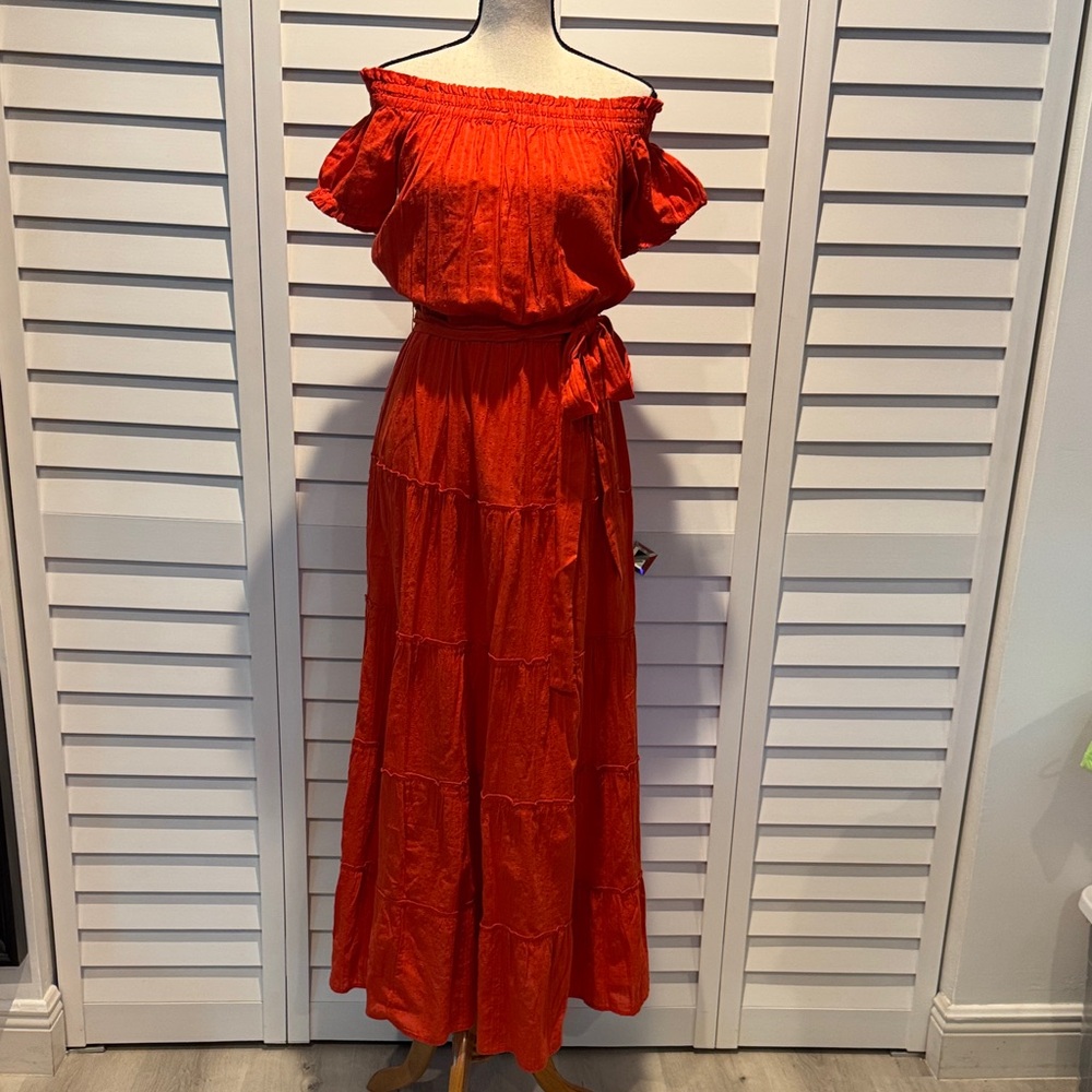 LOFT NWT Off-Shoulder Vibrant Orange-Red Maxi Dress with Belt - Picture 3 of 12